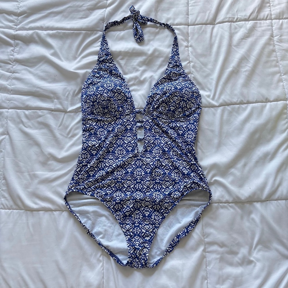 Lauren Ralph Lauren Blue White Geometric Halter One Piece Swimsuit Womens 14